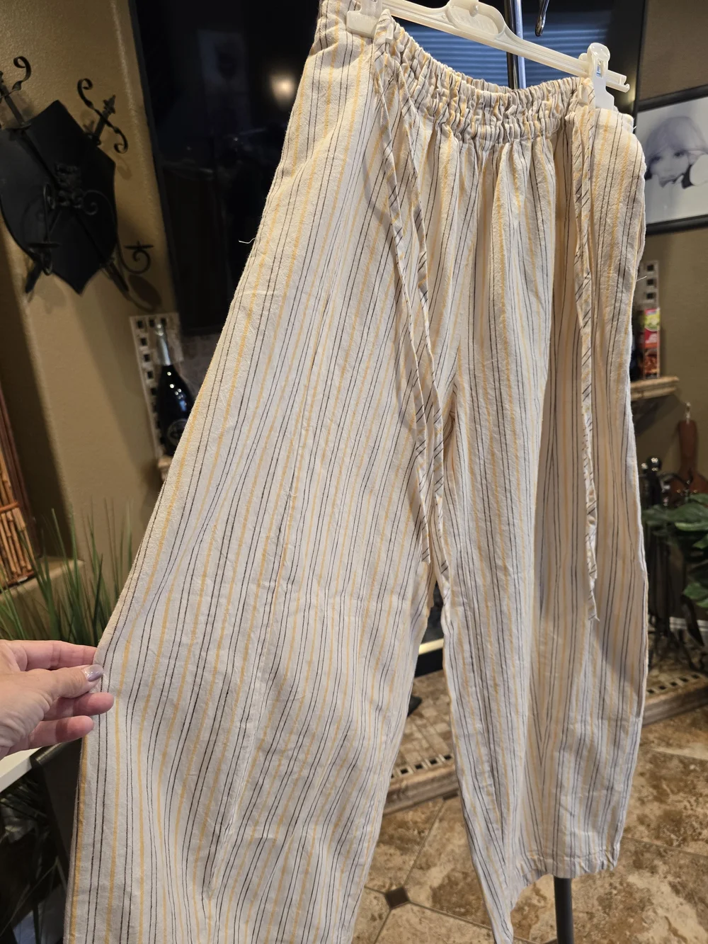 Free People, NWT, Striped Elastic-Waist Barrel Pants - Cream/Blue, Size S